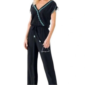 Soft Surroundings jumpsuit Black Turquoise embroidered accents Womens Size XSP